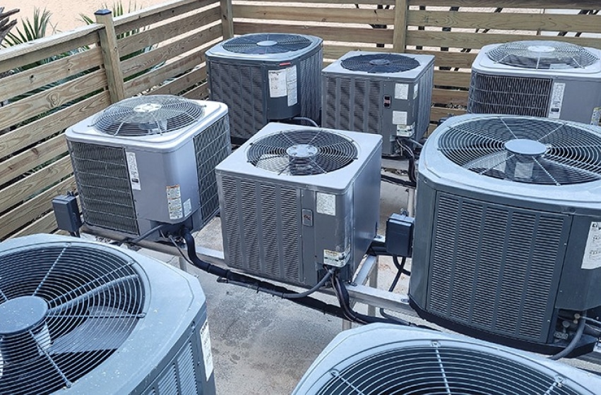 In a warm and welcoming suburban Texas setting, a skilled technician is shown maintaining a central HVAC unit outside a modern home, amidst lush greenery symbolizing sustainability, conveying a sense of comfort, quality, and reliability through a soft blue and green color palette.